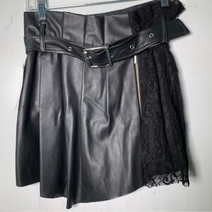 Zara NWT with flaw Black Leather Skort with Lace Detail belted grunge 2805/463